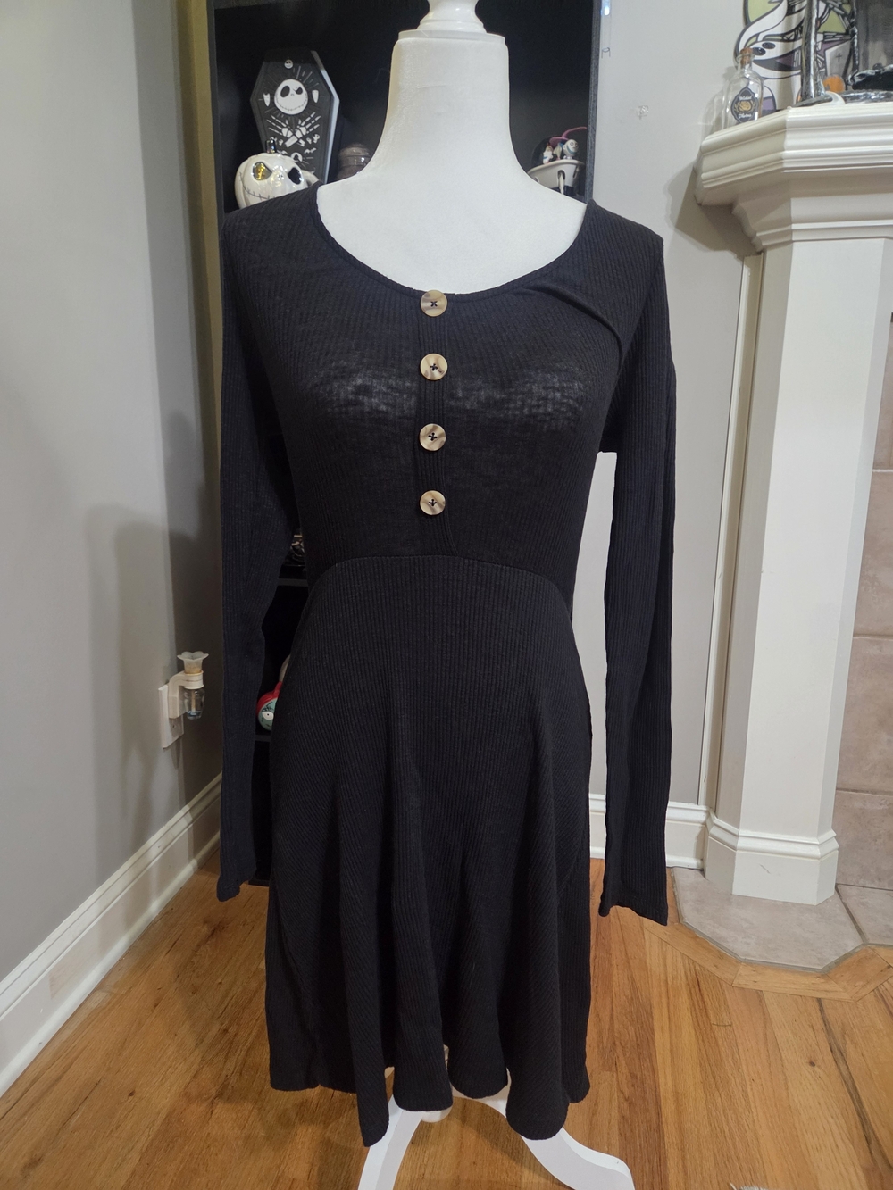 Altar'd State Black Long-Sleeve Button-Front Fit & Flare Dress